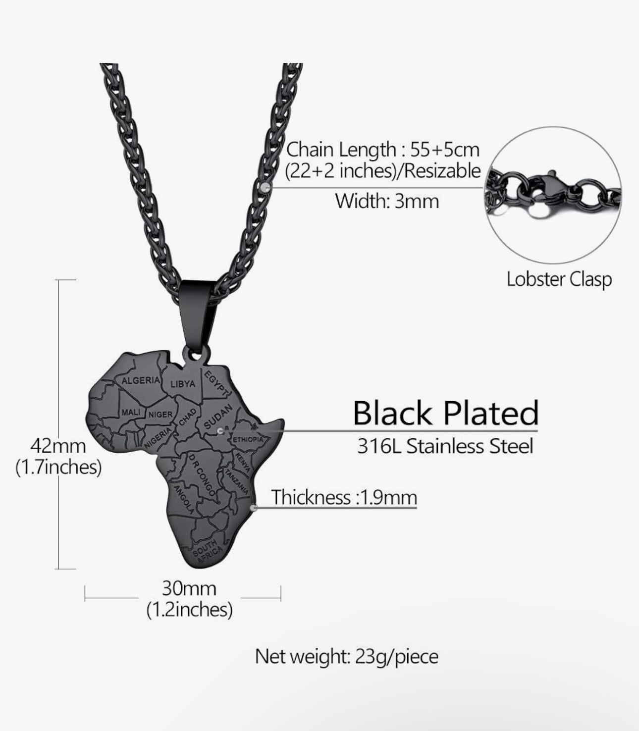 Black African Map Necklace